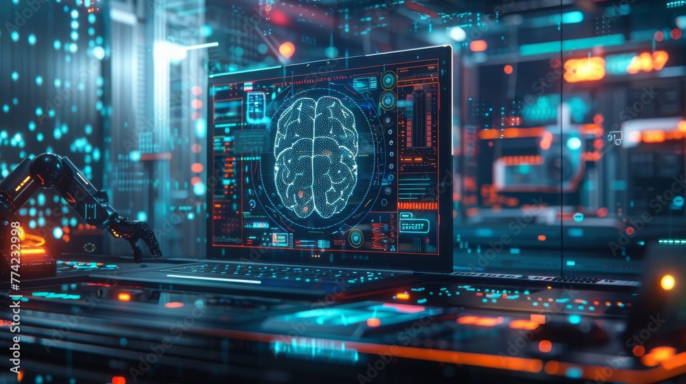 Robotic arm interacting with a digital brain scan in a high-tech laboratory setting