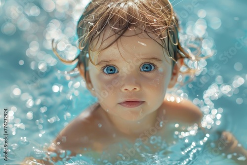 A baby is in the water with blue eyes © Woraphon