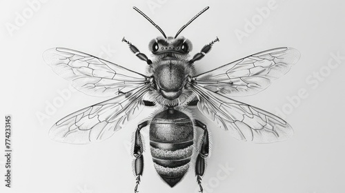 Create an enchanting scene with a vector engraving illustration of a honey bee, carefully designed against a white background photo