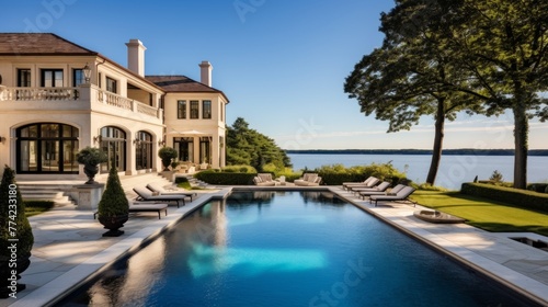 Mediterranean inspired villa with a sprawling garden and a private beach access in the exclusive Hamptons  New York