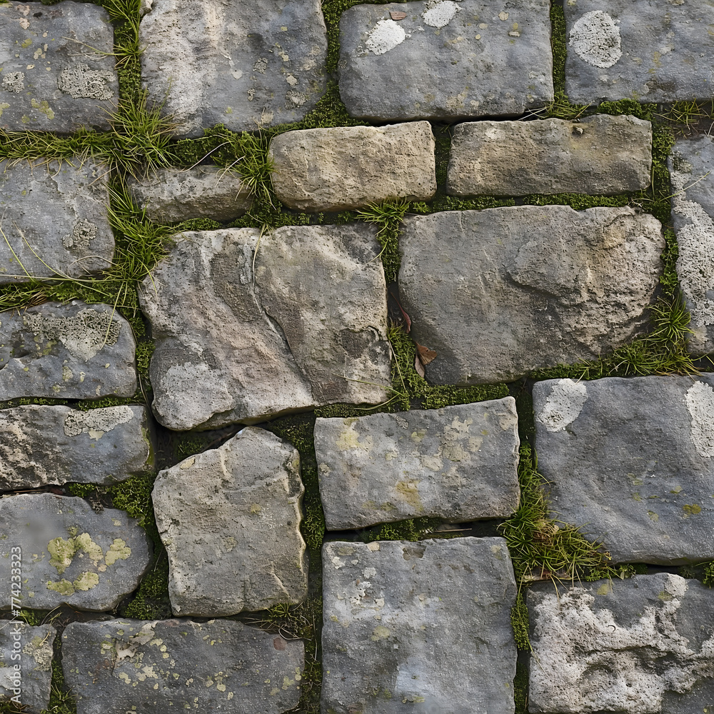 Fototapeta premium Nature's Embrace: Moss and Plants Growing on Stone Wall