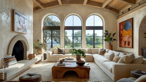 Between the sofa and chairs, facing the fireplace and arched windows, is a rustic coffee table. Interior design of a modern living room in a Mediterranean modern cottage style