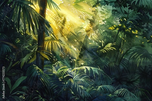 Watercolor painting of a dense rainforest with sunlight piercing through