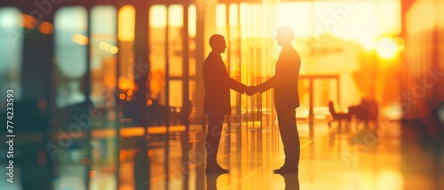 Two businessmen shaking hands in the warm glow of a setting sun, signifying a successful deal photo