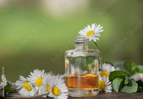 bottles of essential oil and daisies with fresh mint leaf on a wooden table  ...