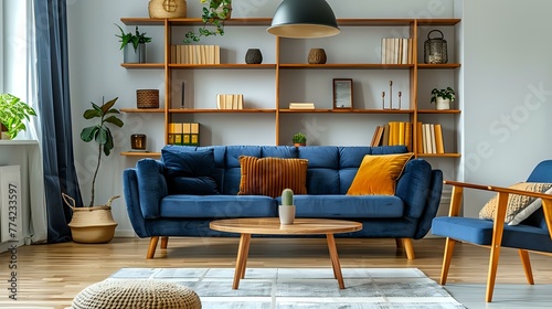 Book shelf on the wall, wooden coffee table next to the blue sofa. Modern living room interior design in a Scandinavian home. © Pik_Lover