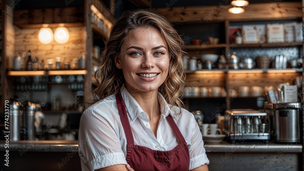 Portrait of smiling waitress standing at counter in coffee shop and looking at camera Portrait of smiling waitress standing at counter in coffee shop and looking at camera