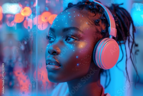 A tranquil portrait of a young woman with headphones and illuminated by soft neon