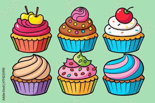 six different hand drawn cupcake with cartoonstyle