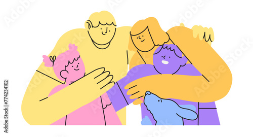 Kid adoption. Multicultural foster family or couple adopt child. Happy parents embracing their adopted daughter or son. Vector cartoon illustration. Mother and father, family care and adopted child.
