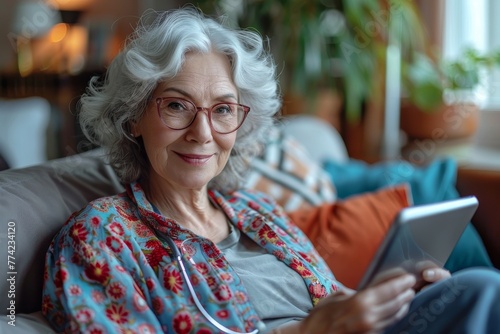 An elderly woman with silver hair and glasses comfortably using a digital tablet at home, exuding wisdom and serenity