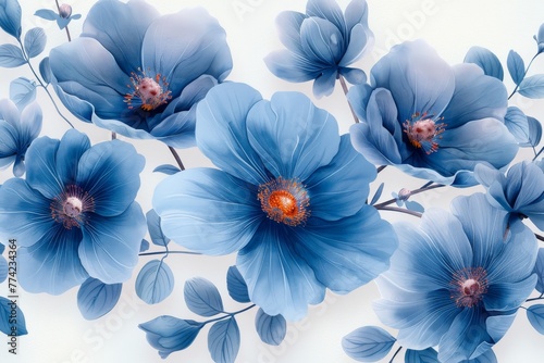 On light grey background, there is a beautiful seamless watercolour illustration of a wild blooming floral pattern with delicate flowers in white, blue and light blue colors.