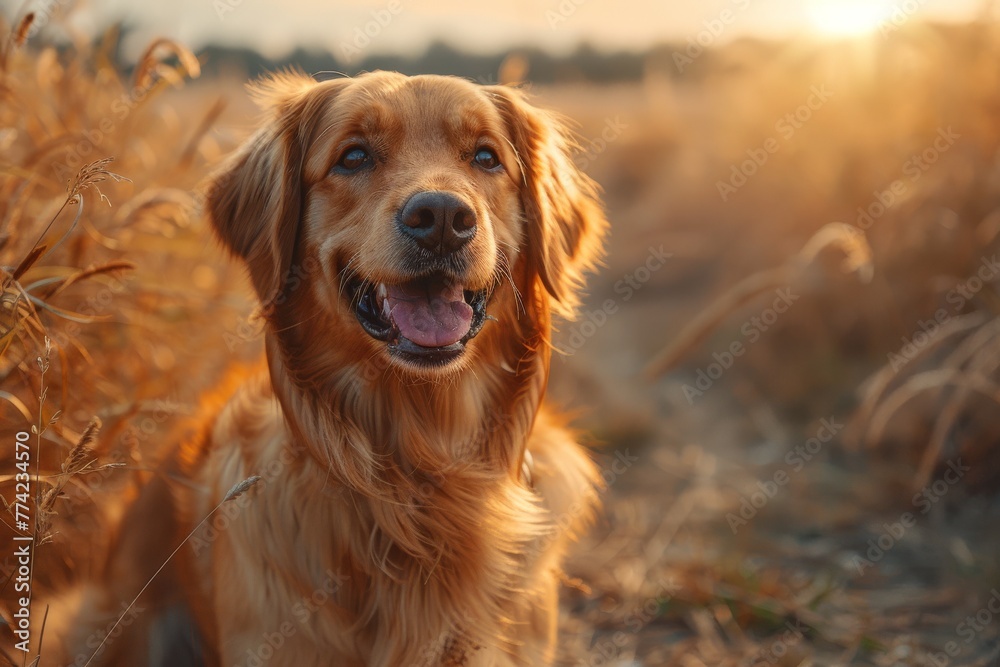 Golden retriever dog with a joyful expression standing amidst golden wheat field against a sunset backdrop Golden retriever dog with a joyful expression standing amidst golden wheat field against a sunset backdrop