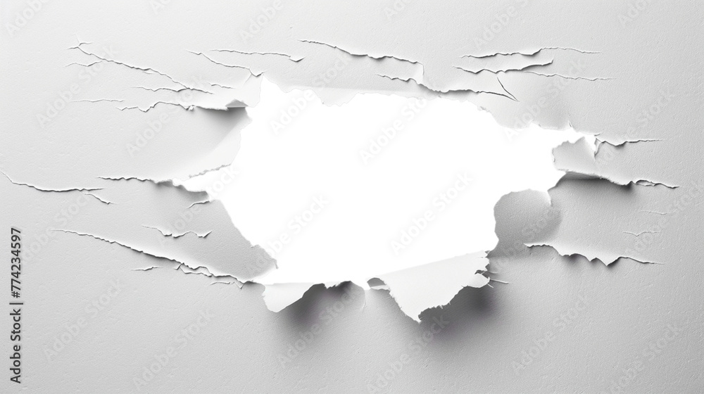 A torn hole in gray paper, a hole in the wall with ragged edges. A window to another world. Isolate. AI generated. A torn hole in gray paper, a hole in the wall with ragged edges. A window to another world. Isolate. AI generated.