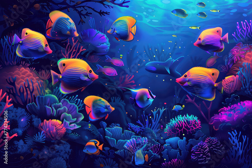 Animals of the underwater sea world. Ecosystem. Colorful tropical fishs. Life in the coral reef.