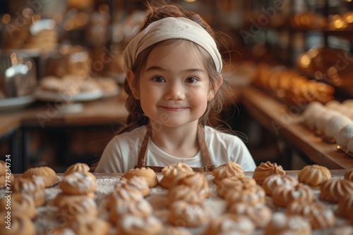 A smiling young girl poses as a baker surrounded by an assortment of freshly baked pastries