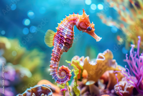 Image for 3d floor. Underwater world. Seahorse. corals.