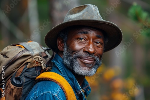 Mature man with a full beard, wearing a hat and backpack, looks contented and friendly in a forest setting