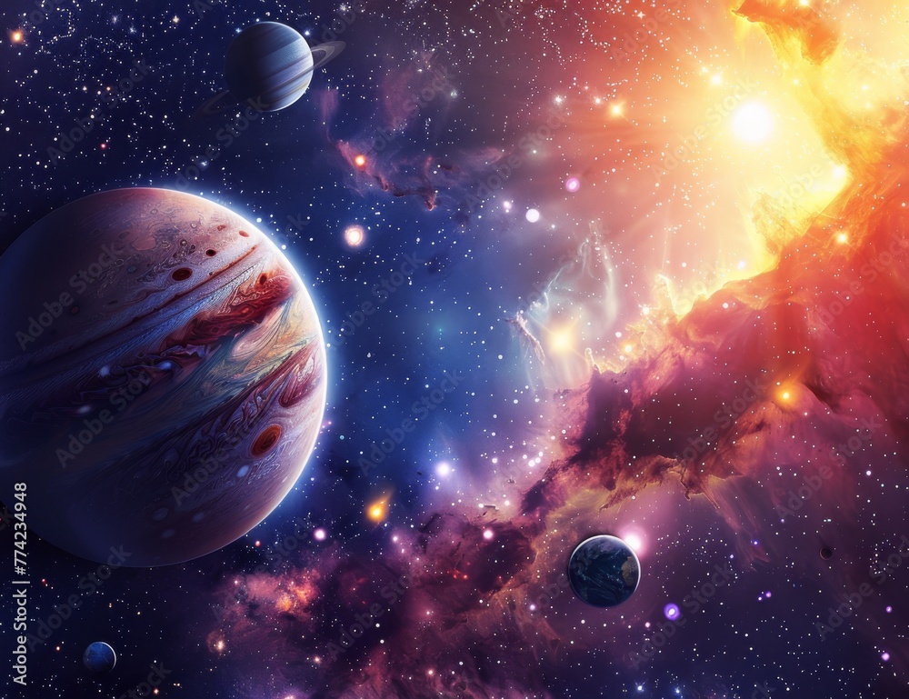 Enchanting space background with Jupiter and various celestial bodies, highlighting the wonders of the universe