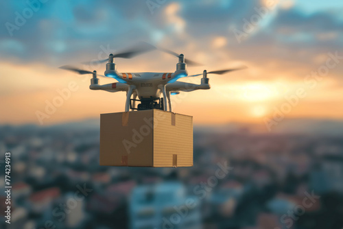 A drone hovers in the sky, transporting a cardboard box as part of innovative delivery solutions utilizing unmanned aerial vehicles and advanced technology for fast and reliable transportation. photo