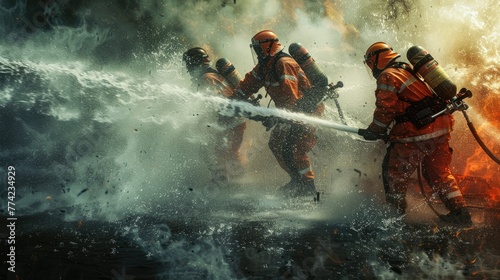 Describe a scenario where a team of firefighters is actively engaged in extinguishing a fire using water