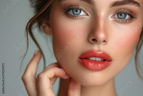 Close-up of a woman with perfect makeup, highlighting her attractive features and fashionable look