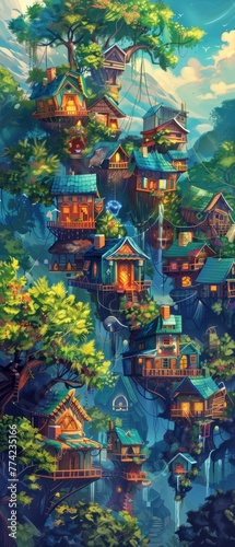 Illustration of a vibrant tiny house village, designed for rewilding the human spirit, fostering prosocial interactions