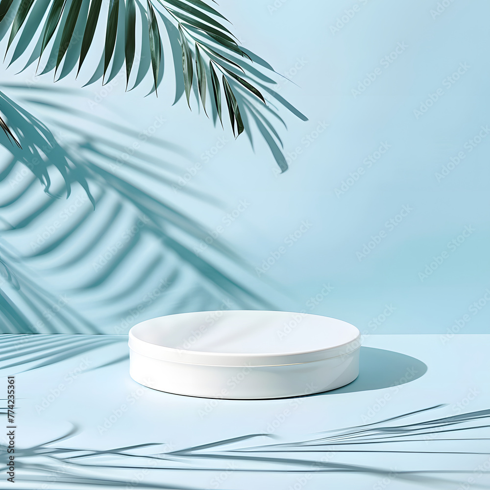 3D blue podium with tropical leaves and shadow for product presentation. Empty background with round podium with shadows of palm leaves. minimalism, 3D room with copy space 3D blue podium with tropical leaves and shadow for product presentation. Empty background with round podium with shadows of palm leaves. minimalism, 3D room with copy space