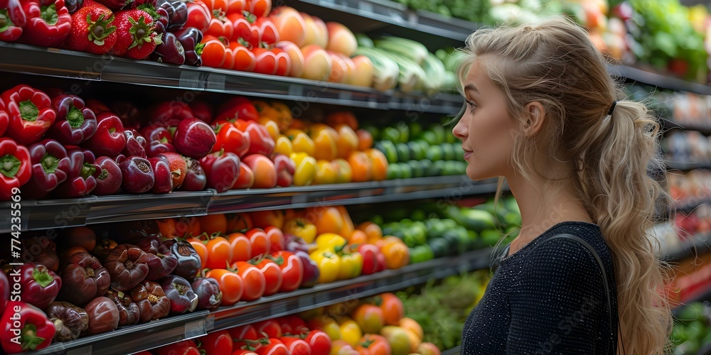 Making Healthy Choices: A Woman Shops for Fresh Produce in a Colorful Display at the Grocery Store. Concept Healthy Eating, Grocery Shopping, Fresh Produce, Colorful Display, Lifestyle Choices