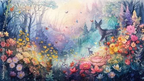 A fantasy landscape painted in watercolors  showcasing mythical animals wandering through a forest of pastel flowers  all handdrawn