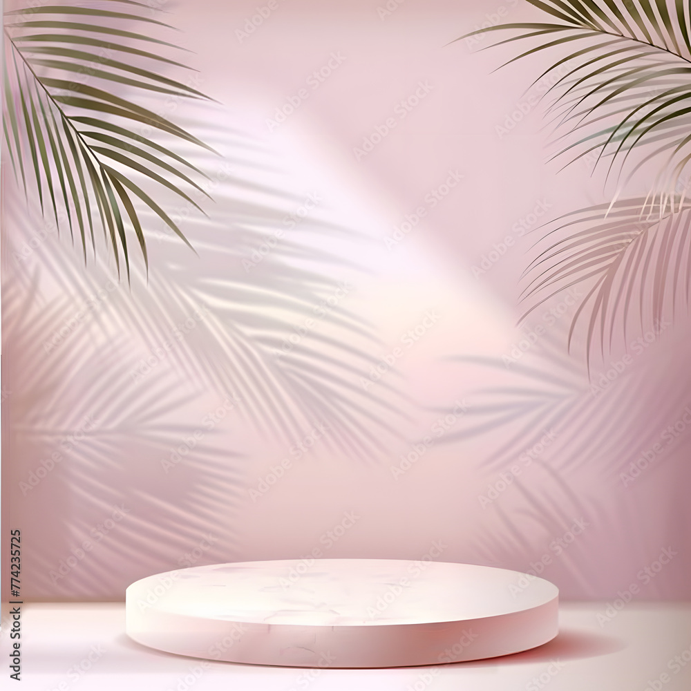 3D pink podium with tropical leaves and shadow for product presentation. Empty background with round podium with shadows of palm leaves. minimalism, 3D room with copy space 3D pink podium with tropical leaves and shadow for product presentation. Empty background with round podium with shadows of palm leaves. minimalism, 3D room with copy space