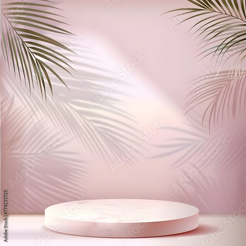 3D pink podium with tropical leaves and shadow for product presentation. Empty background with round podium with shadows of palm leaves. minimalism  3D room with copy space