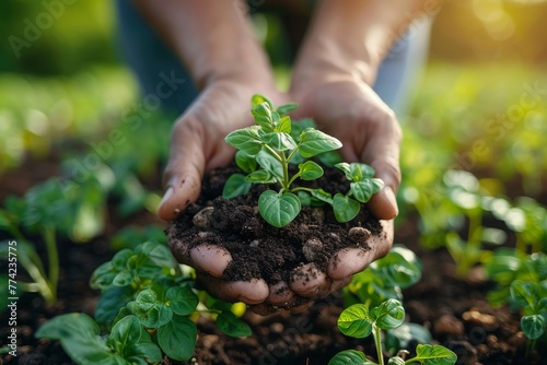 Gentle hands hold a mound of soil with a small plant against a sunny backdrop