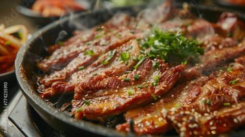 The Korean dish Samgepsal is thin slices of fatty brisket fried in a hot frying pan.