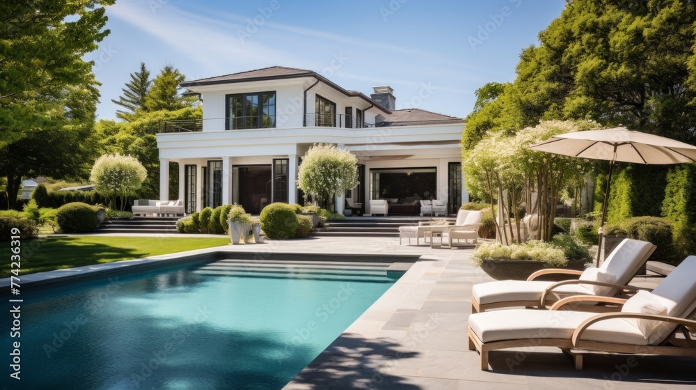 Mediterranean inspired villa with a sprawling garden and a private beach access in the exclusive Hamptons, New York