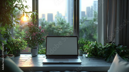 white paper coffee cup placed on the table, nearby there is a pot of mini cactus flowers located near the window, Ai generated Images
