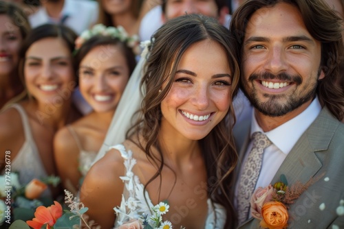 Beaming bridal couple with friends in the background on wedding day
