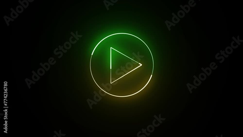 Neon glowing Play button animation on black background. Play button icon neon animation. Music play button icon animation. Animated play button icon with a glowing neon effect. photo