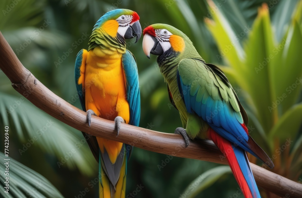 Multi-colored macaw parrots sit on a branch in the tropical jungle Multi-colored macaw parrots sit on a branch in the tropical jungle