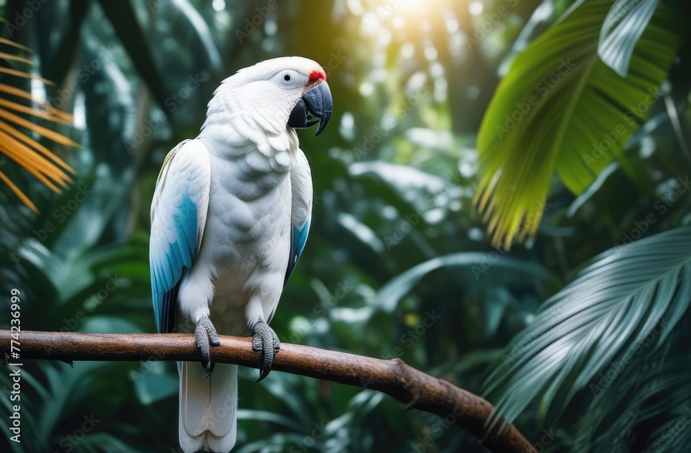 A white parrot with blue wings sits on a tree branch in the jungle with sun rays