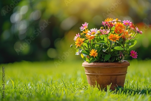Fresh daisy flowers in pot on green grass on blurred green garden background © Alina