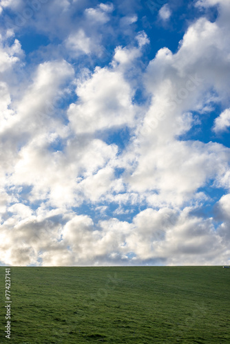 Fluffy clouds and blue sky over a green hillside in Sussex
