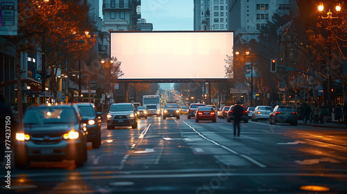 mock up of a white screen billboard placed on a city street corner, the billboard looks modern with a striking white screen, you can see a view of a busy city street with vehicle traffic and buildings photo