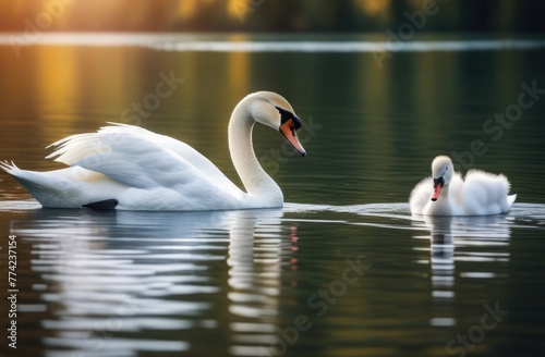 Close-up. A family of swans swims on the lake. Swans in the wild