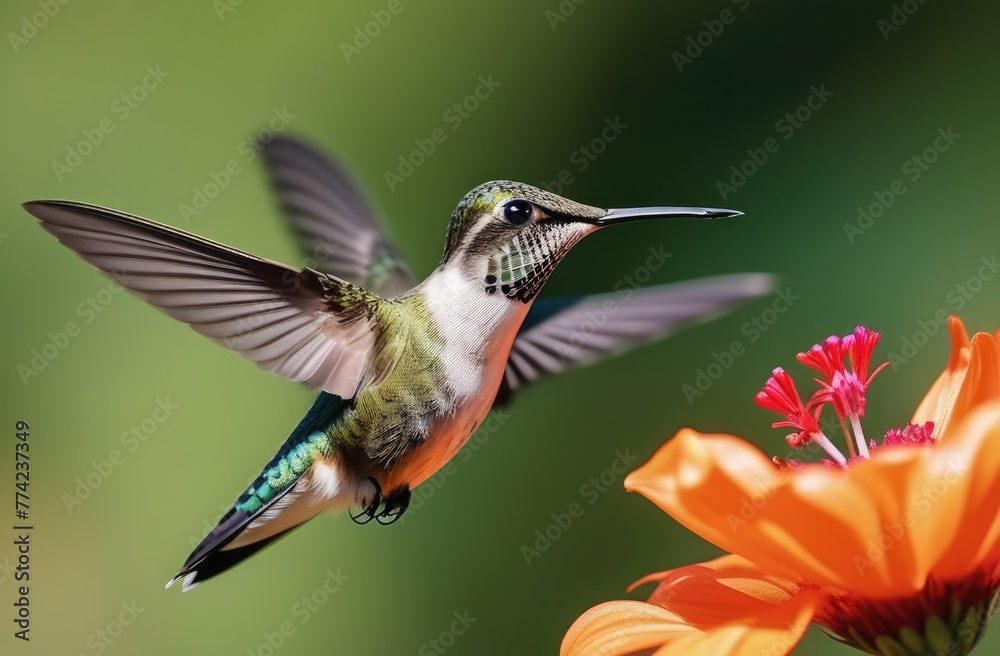 Naklejka premium Hummingbird hovering near a flower