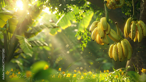 National Banana Day, bananas bunch hanging from tree in nature blur background, art can be used for printings, menu cards, promotions, advertising, background, brochure, banners, and social media.
