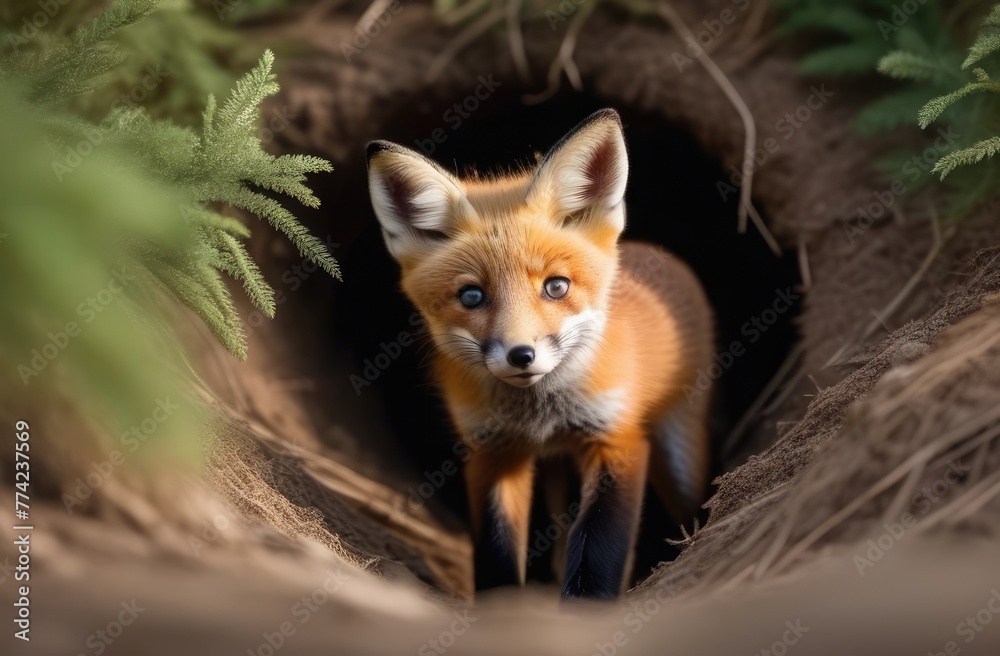 Close-up. A little fox crawls out of a hole in the forest. Fox in the wild