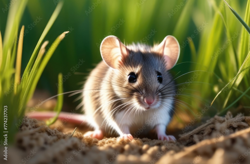 Close-up of a gray field mouse in a chamomile field in the sun's rays