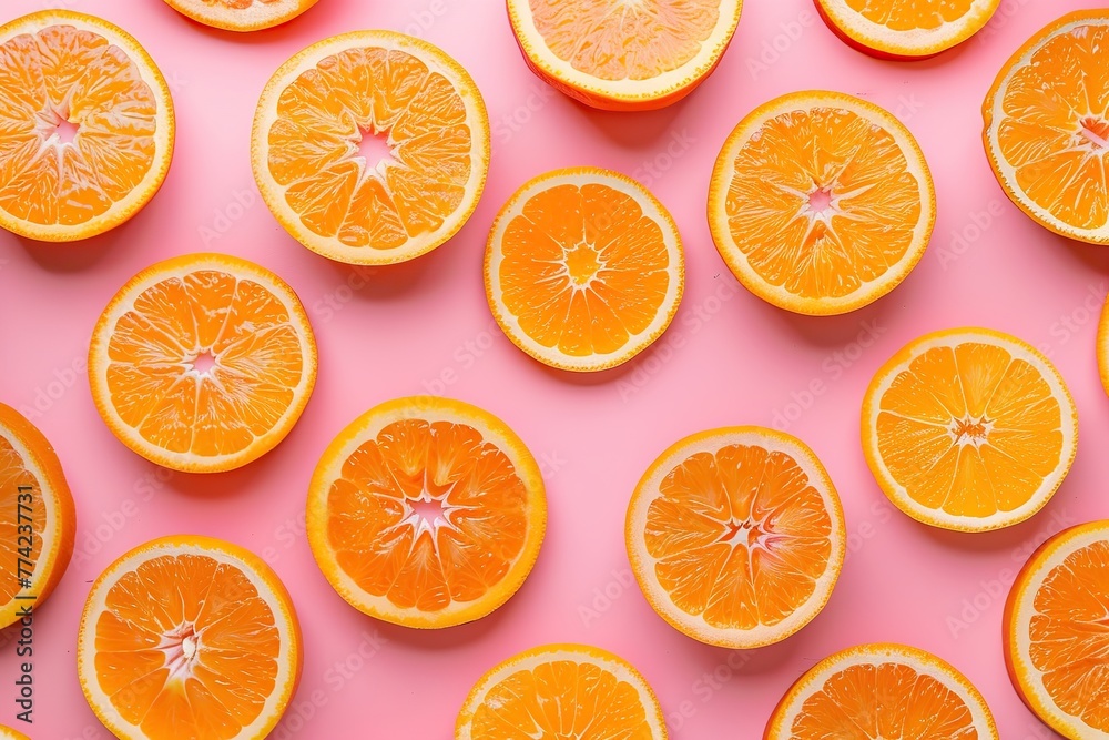Pattern of ripe orange slices on pink background Pattern of ripe orange slices on pink background