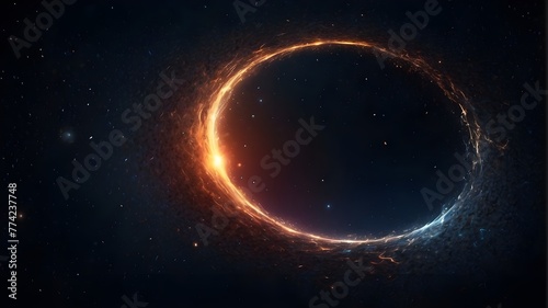 Space abstract wallpaper featuring an O shape and light sparks with copy space  featuring a black hole looming above a star field.